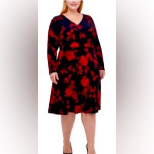 Tommy Hilfiger Size 14W Red & Black Long Sleeve Fit & Flare V-Neck Shift Dress